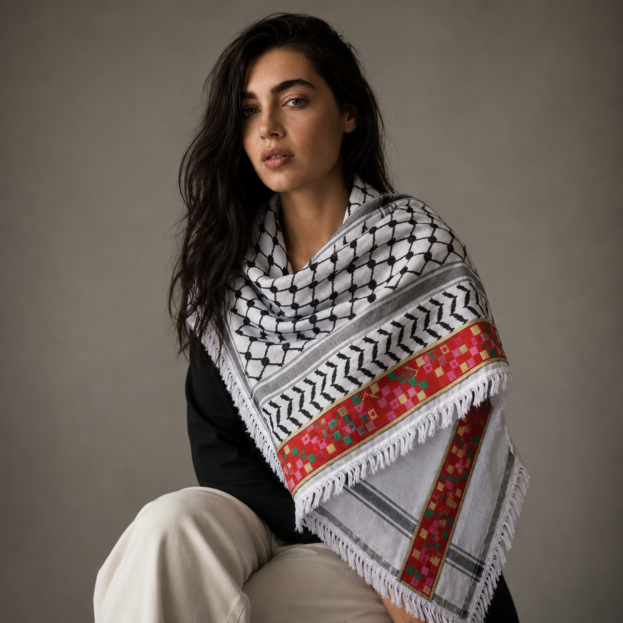 Keffieh blanc et noir brodé multicolore – Mosaïque