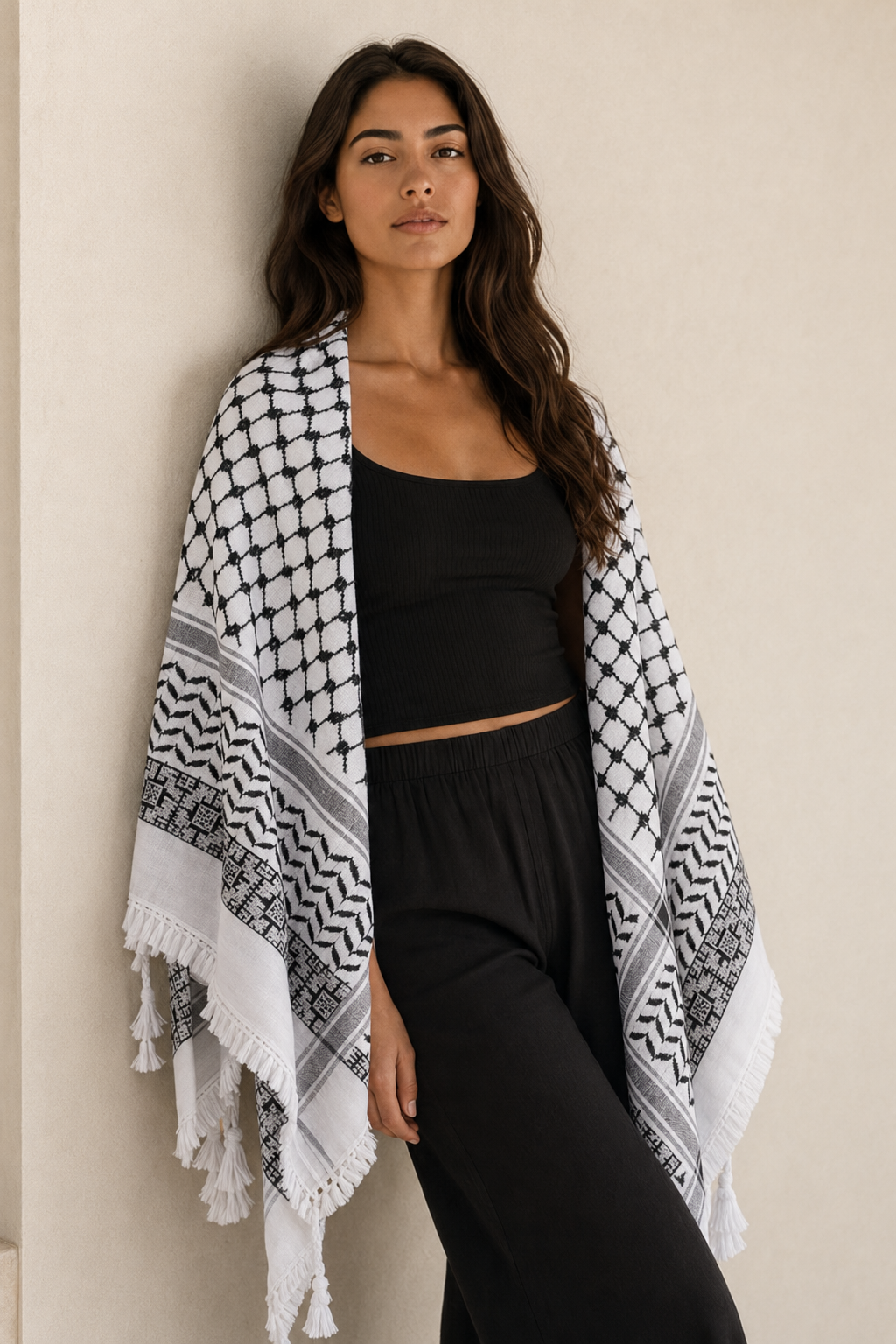 Keffieh blanc et noir brodé argenté et noir – Motifs géométriques