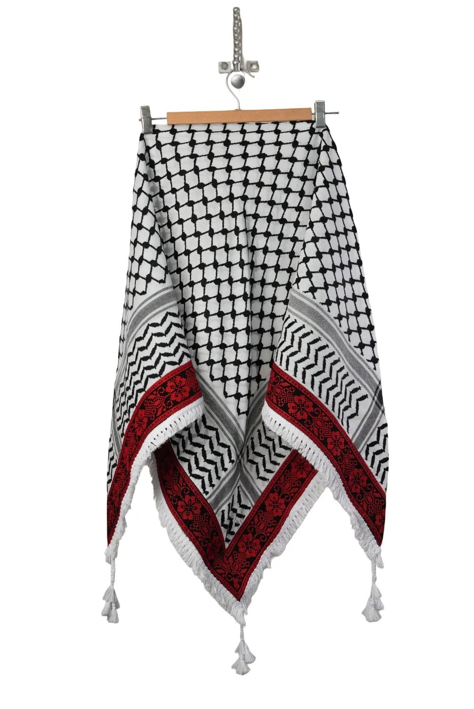 Keffieh blanc et noir brodé rouge — Motif floral traditionnel