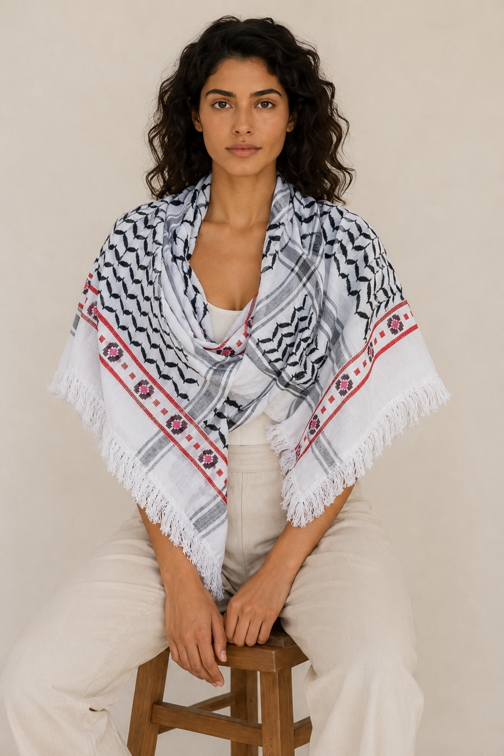 Keffieh blanc et noir brodé rouge et rose – Rosaces