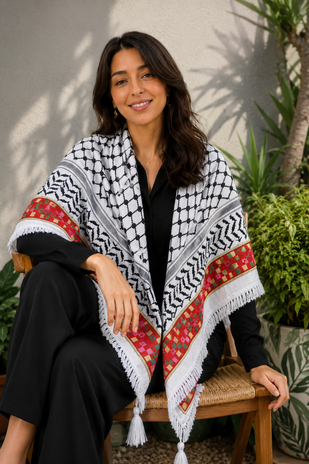 Keffieh blanc et noir brodé multicolore – Mosaïque