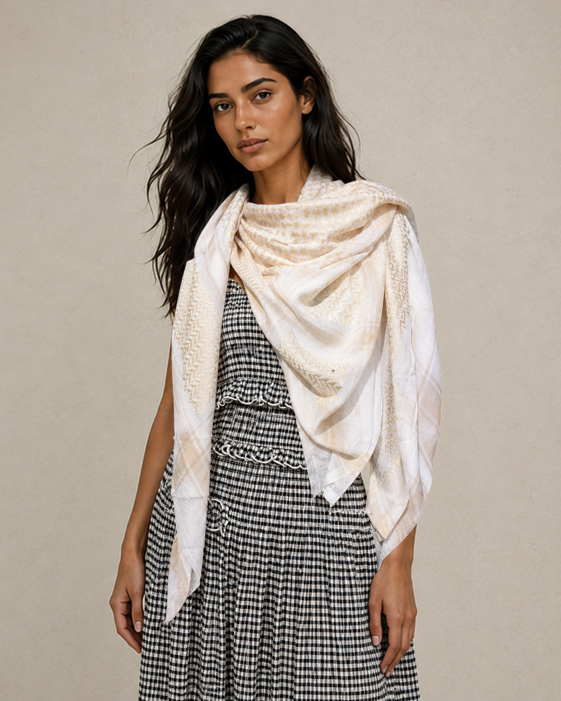 Keffieh soft — Blanc & beige sable