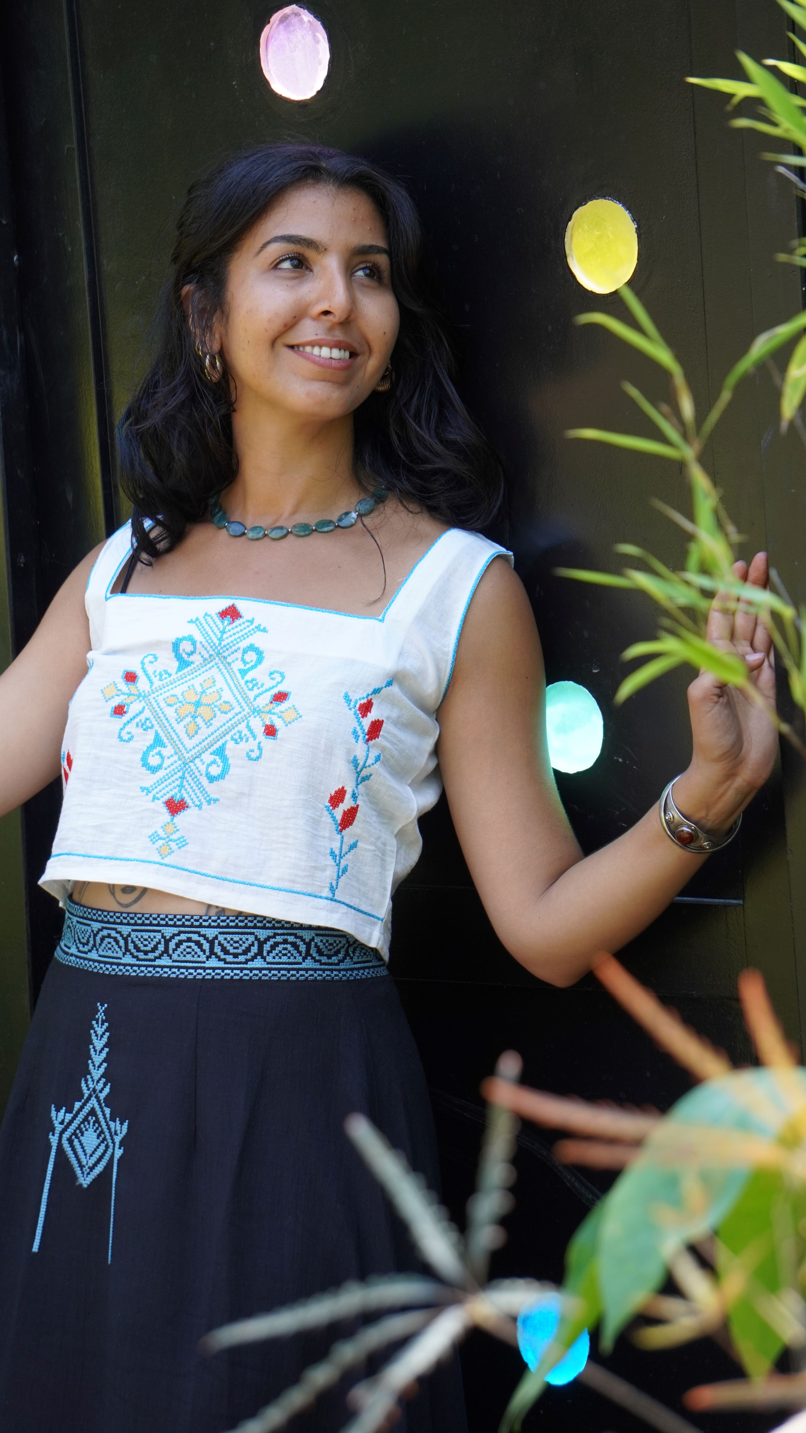 White crop top with turquoise embroidery