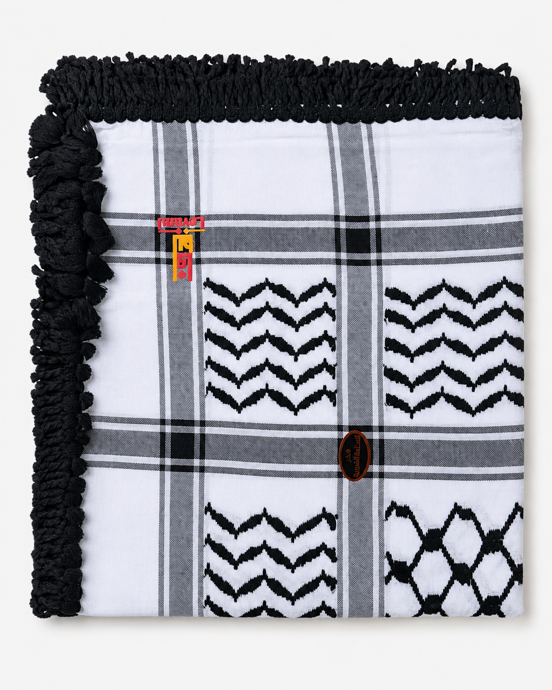 Traditional Black & White Keffiyeh — Braided Black Border