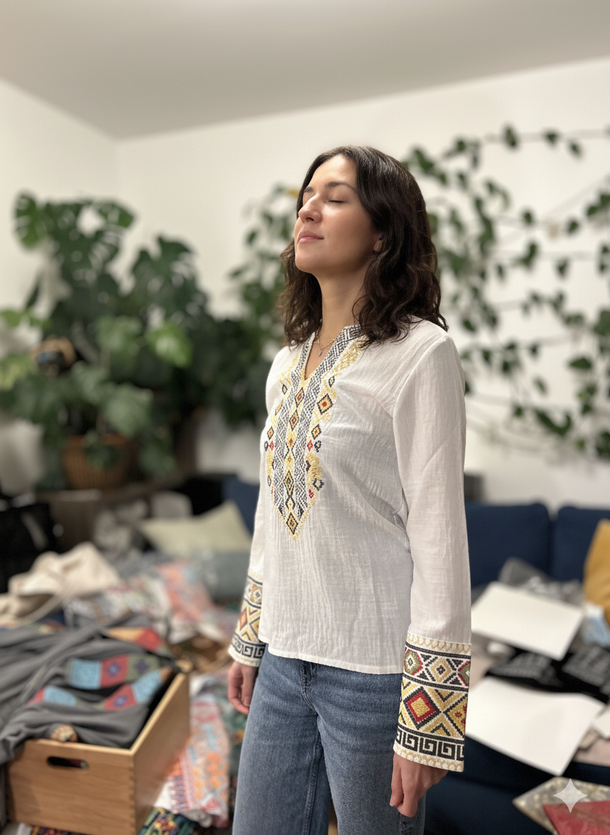 Blouse blanche à manches longues brodée multicolore
