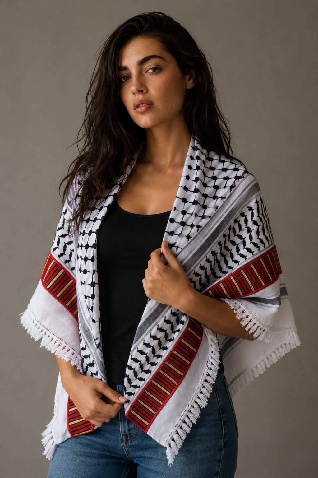 Keffieh blanc et noir brodé rouge, noir et doré – Rayures