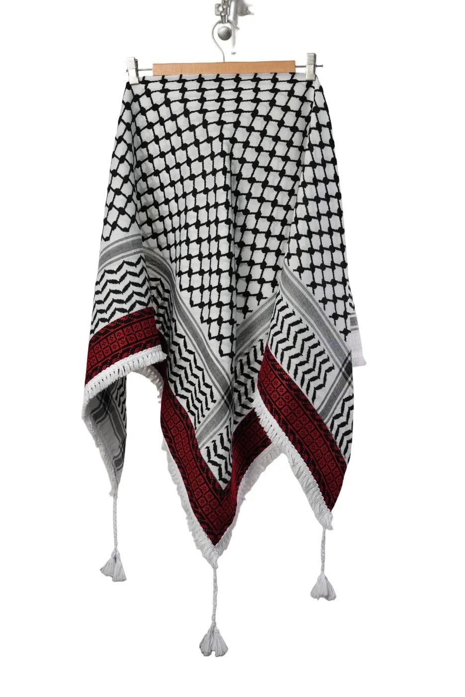 Keffieh blanc et noir brodé rouge — Motif géométrique carré