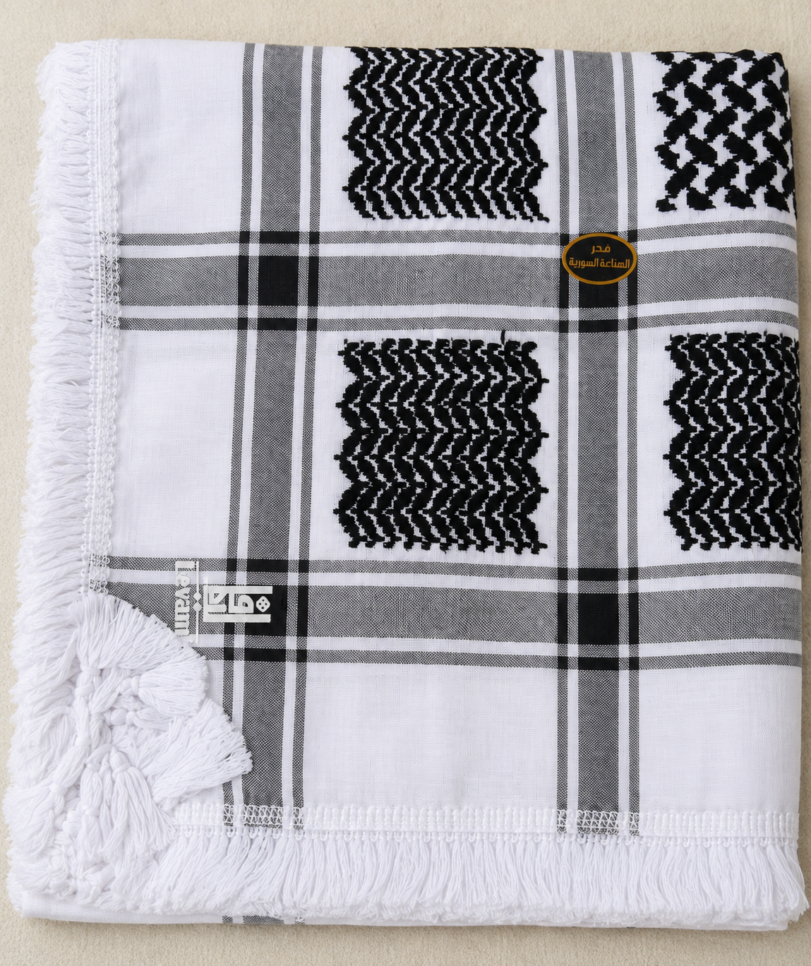Traditional Black & White Keffiyeh — Syrian Model with White Fringe