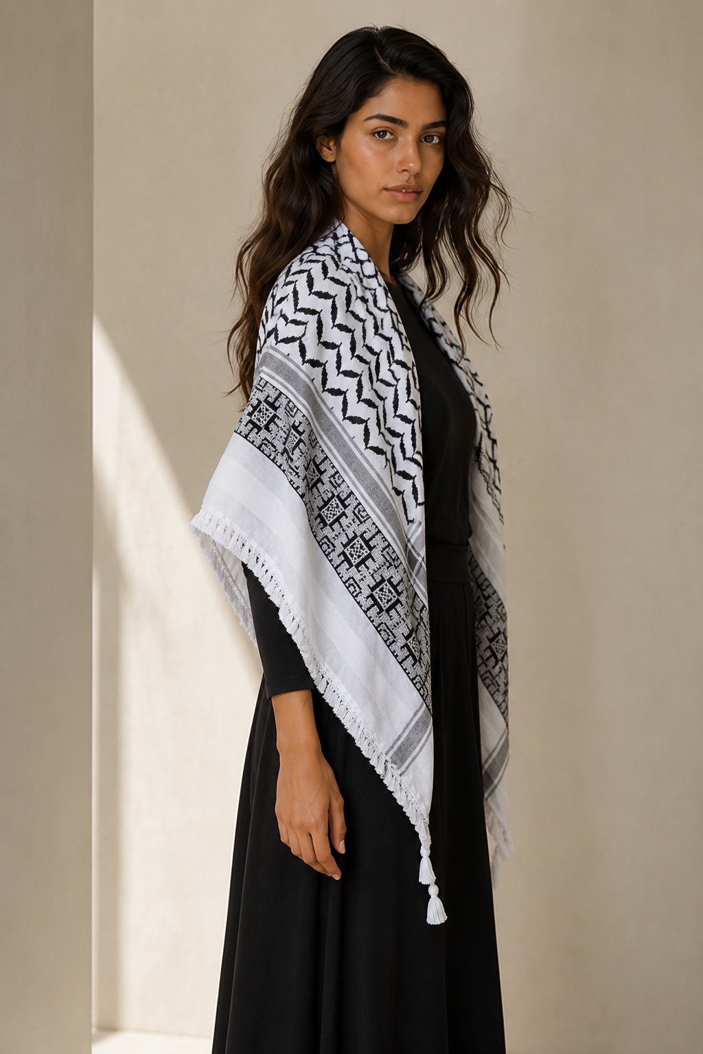 Keffieh blanc et noir brodé argenté et noir – Motifs géométriques