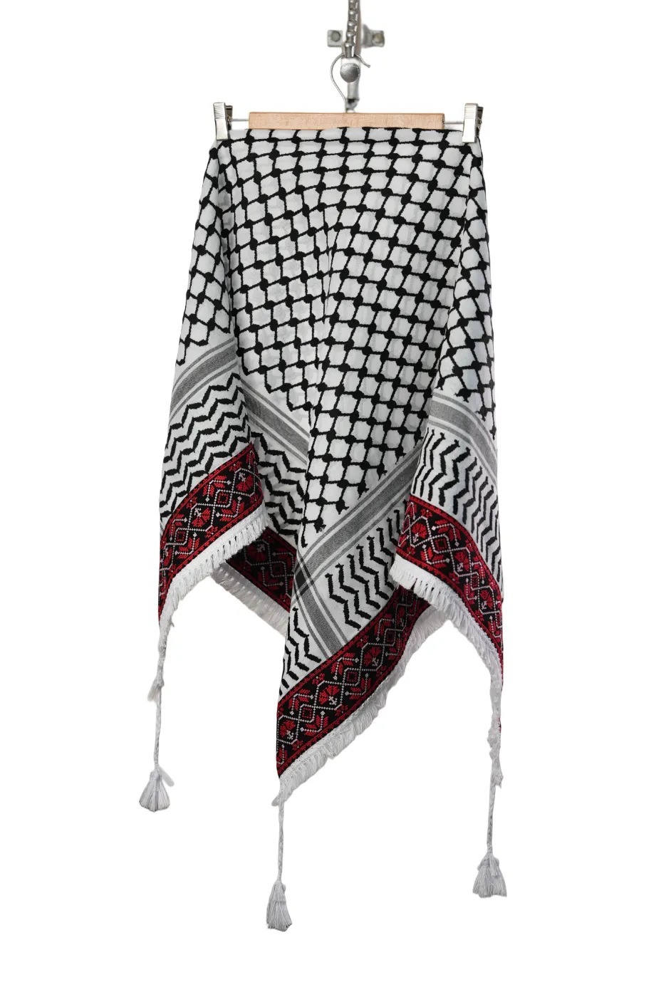 Keffieh blanc et noir brodé multicolore — Motif traditionnel palestinien