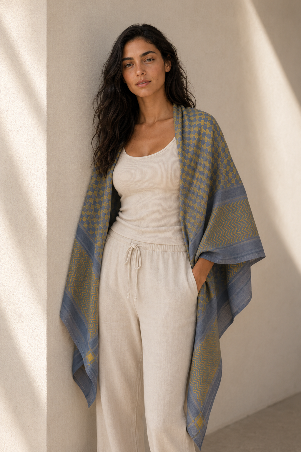 Keffieh soft — Bleu-gris & or